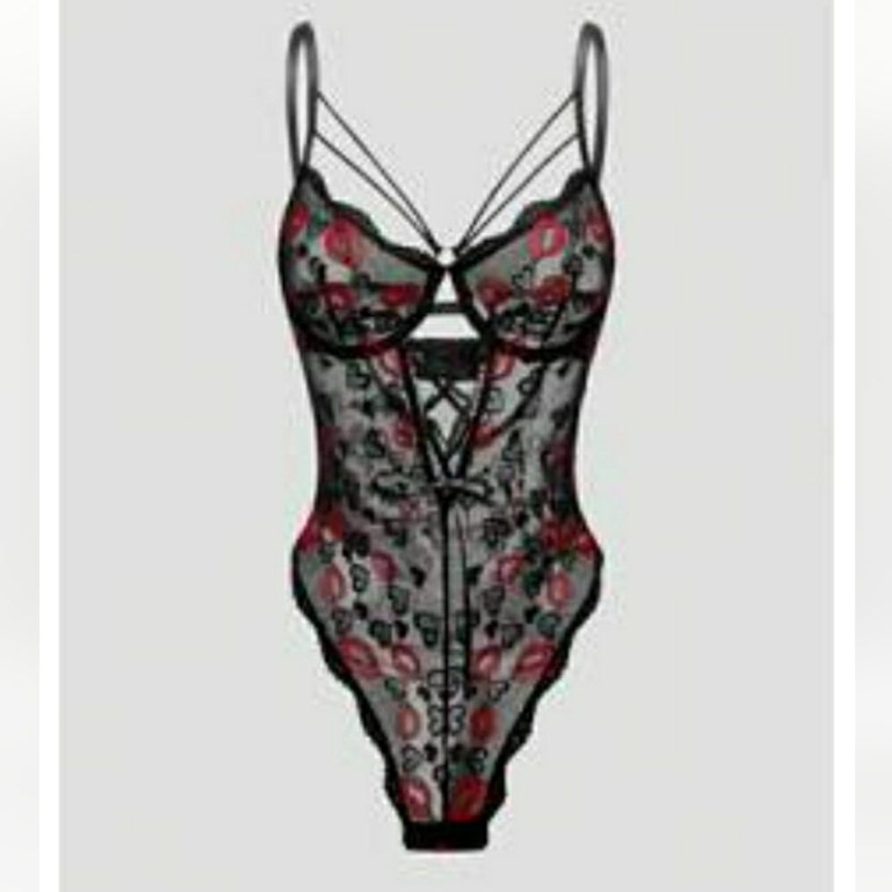 SHEIN Black & Red Lace Bodysuit With Lip And Heart Pattern